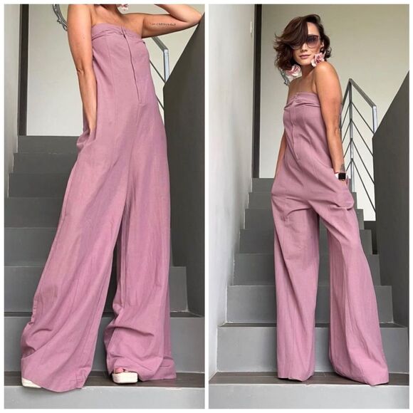 Zara STRAPLESS LINEN BLEND JUMPSUIT - Picture 2 of 9